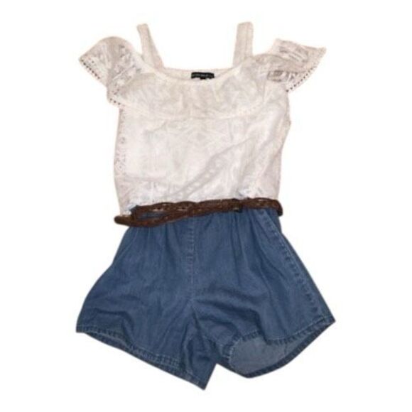 My Michelle Romper Beige Lace Top Belted Denim Shorts Girl Size XL Cold-Shoulder - Picture 1 of 7